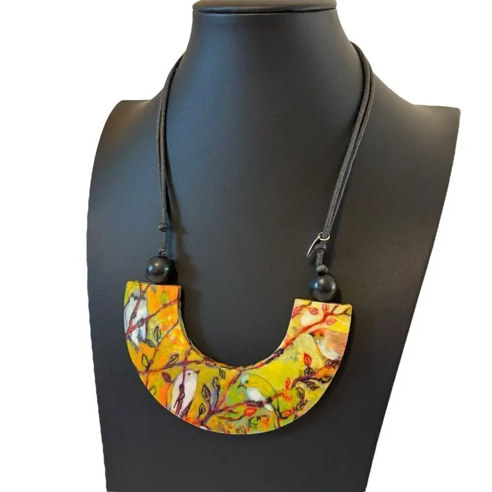 Nature Inspired Handcrafted Decoupage U-Shaped Necklace on Adjustable Cord.
